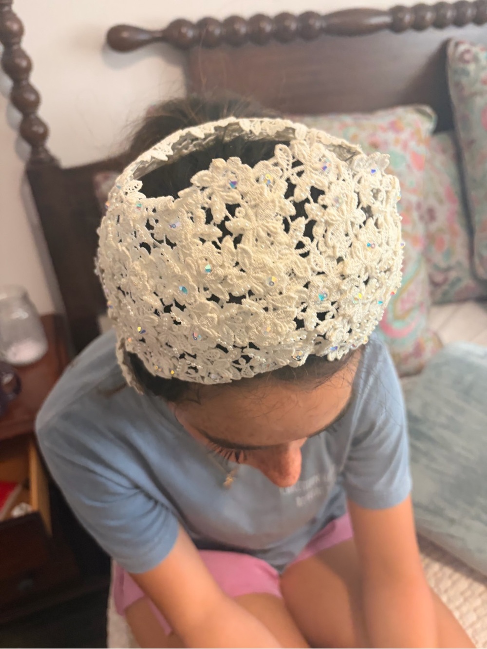 Stunning Vintage Lace Sequin Wedding Headband - White